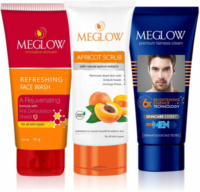meglow Mens Premium Fairness Cream 50 gm + Apricot Scrub 70 gm +(3 Items in the set)