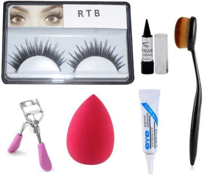 RTB Combo Contour Brush, Blender Black Kajal False Eyelashes with Glue and Eyelashes Curler pack of 6(6 Items in the set)