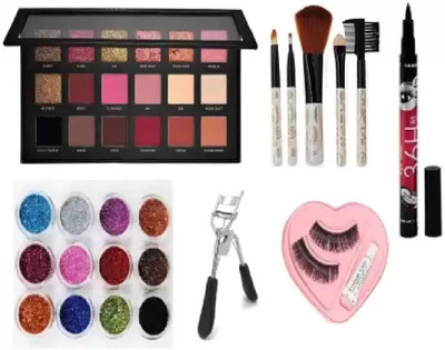 SUBHMUN Eyeshadow With 12 Pcs Shimmer ,5 Pc Brush ,36 h Eyeliner ,Eyelashes With Curler(10 Items in the set)