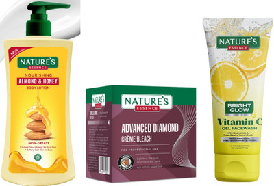 Nature's Nourishing Almond & Honey Body Lotion (400ml)Diamond Cream Bleach (43g)Bright Glow Vitamin C Face Wash (50ml)(3 Items in the set)