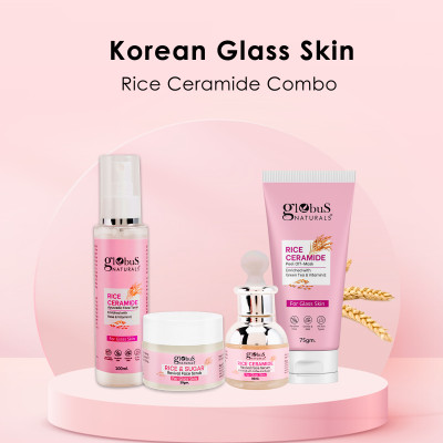Globus Naturals Ceramide Glow Rice Ceramide Combo For Korean Glass Skin Face Cream, Face Serum, Face Toner, Peel off Mask(4 Items in the set)
