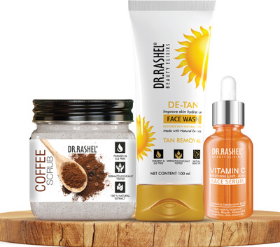 DR.RASHEL Coffee scrub, De Tan Face Wash & Vitamin C Serum combo for Instant Glow & Tan Removal(3 Items in the set)