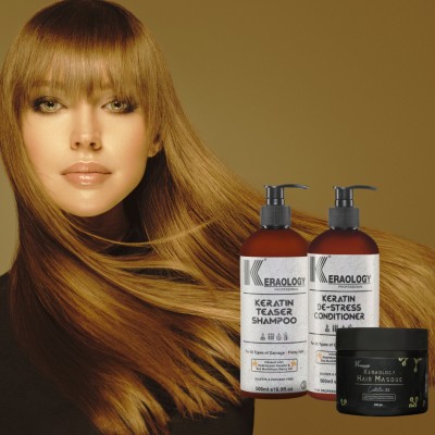 KERAOLOGY Keratin Teaser Shampoo,Keratin De-Stress Conditioner & Hair Masque Collatin 33(500gm)Combo(3 Items in the set)