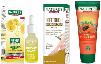 Nature's Bright Glow Vitamin C Serum (12ml)Soft Touch Hair Removal Cream Gold (50g)Anti-Pigmentation Papaya Gel Face Wash (50ml)(3 Items in the set)