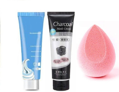 YELGO ULTRA CLEANING ICE CREAM MASK & BLACHEAD REMOVER OIL CONTROAL CHARCOAL TUBE MASK & Sponge Blender Random Color(3 Items in the set)