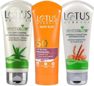 LOTUS HERBALS WhiteGlow 3In1 Skin Brightening Facial Foam 100G, Oatmeal & Yogurt Scrub 100G & UV Screen MatteGEL Sunscreen SPF50 PA+++100G(3 Items in the set)