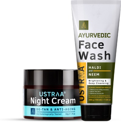 USTRAA Night Cream De-Tan & Anti Aging - 50g & Ayurvedic Facewash - Haldi & Neem - 200g(2 Items in the set)