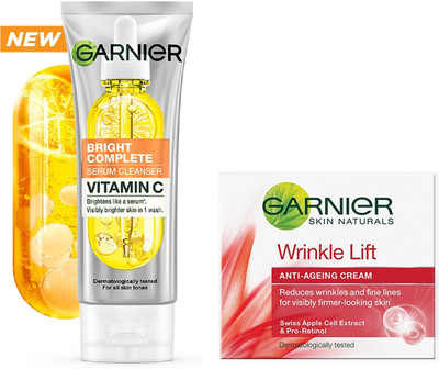 Garnier Men Bright Complete Vitamin C Cleanser Serum Face Wash-100g+Anti Ageing Cream-40ml(2 Items in the set)
