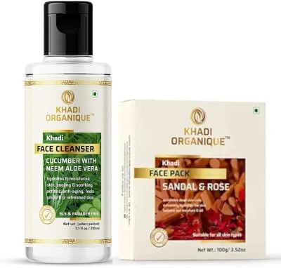 khadi ORGANIQUE Combo of Cucumber with Neem AloeVera Face Cleanser (Facewash) & Sandal & Rose Face Pack | Skincare Set for Glowing Skin(2 Items in the set)