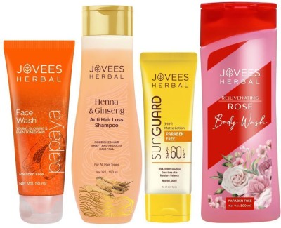 Jovees Herbal Papaya Face wash 50ml, Shampoo 150ml, Sun screen 50ml, Rose body wash 300ml(4 Items in the set)