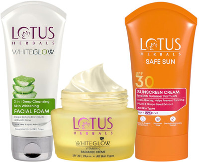 LOTUS HERBALS WhiteGlow Vit-C Radiance Creme SPF 20 PA+++35G, 3 In 1 Brightening Facial Foam 50G with SafeSun Sunscreen Cream SPF30 PA++ 50G(3 Items in the set)