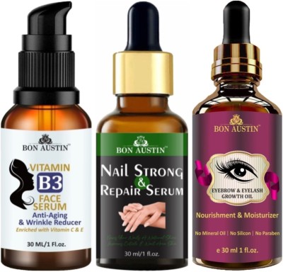 Bon Austin Vitamin B3 Facial Serum, Nail Strong and Repair Serum & Eyebrow Growth Oil (Each, 30ml) Combo Pack(3 Items in the set)