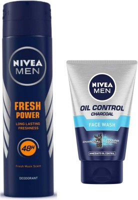 NIVEA FRESH POWER MEN DEODORANT SPARY & OIL CONTROL CHARCOAL FACE WASH 100 ML(2 Items in the set)