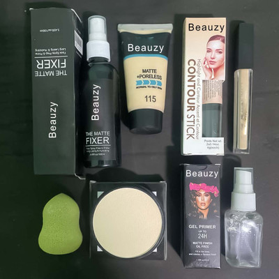 Beauzy Fixer, Foundation, 2in1 Contour, Concealer, Puff, Comapct and Face Primer Combo Kit(8 Items in the set)