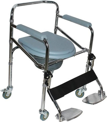 flipop Foldable Commode With Wheels & Footrest | Toilet Chair | Toilet Stool Commode Shower Chair(Steel)