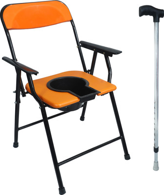 RADIANT TRADERS Orange Karma Commode Chair Pot With Walking Stick Commode Chair(Orange, Black)