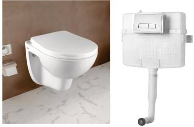 Joyo Cera Ceramic Water Closet Wall Mounted With Soft Seat Cover With Concealed Cistern Tank With Chrome Round Flush Plate (White, 10 L) Western Commode