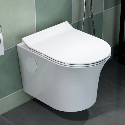 Plantex Platinium Ceramic Rimless Wall Hung Western Toilet, Water Closet Commode With Soft Close Toilet Seat - P Trap Western Commode(White)