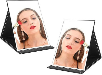 sugra Portable Folding Makeup Mirror, Frameless PU Leather Vanity Mirror with Stand