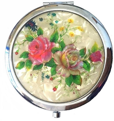 AuM Round Foldable Compact Hand Held Double Sided Magnifying Metal Vanity Mirror