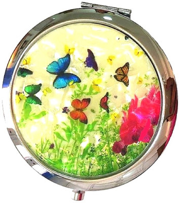 AuM Round Foldable Compact Hand Held Double Sided Magnifying Metal Vanity Mirror