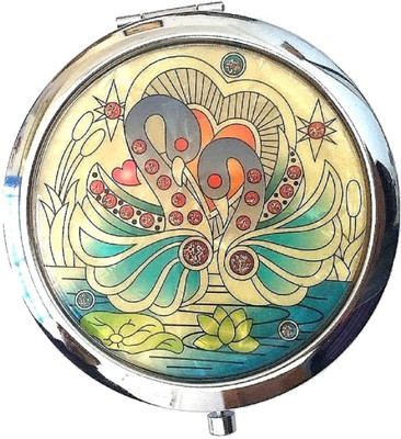 AuM Round Foldable Compact Hand Held Double Sided Magnifying Glitter Vanity Mirror