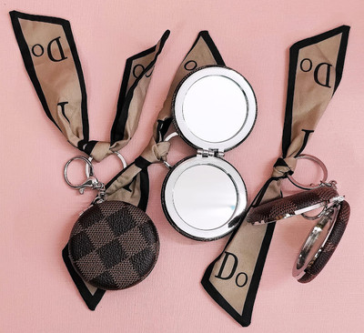 Tera13 Compact Mirror Keychain with Silk Bow, Checkered Double-Sided Travel Mirror