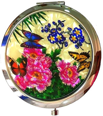 AuM Round Foldable Compact Hand Held Double Sided Magnifying Metal Vanity Mirror