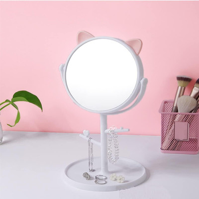 krishay enterprise Tabletop Makeup Mirror, Cute Cat Ears Shape Swivel Mirror Bathroom,Bedroom white