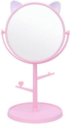 Dweloric Plastic Tabletop Makeup Round Mirror Cute Cat Ear Shape Rotating Mirror (Pink)