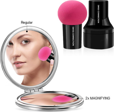 Swiss Connection Portable 1X/2X Double-Sided Mirror & Facial Puff, Mushroom Sponge With Case