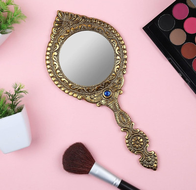 SP Handicrafts Beautifully Round Shape Hand Mirror For Makeup with Large Grip Handle