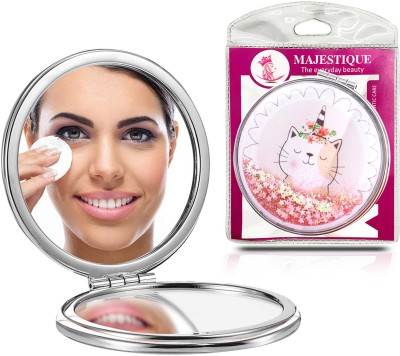 MAJESTIQUE Magnifying 1X/2X Round Metal Pocket Makeup Mirror, Compact Mirror Men & Women