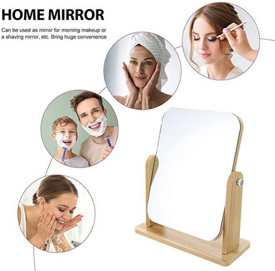 Triock Wooden Mirror 360 Degree Rotate Table Top Desktop Makeup Mirror Vanity Mirror