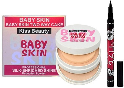 Kiss Beauty Professional Shine (Baby Skin) Natural Compact Powder With Free Eyeliner Black Compact(Beige, 20 g)