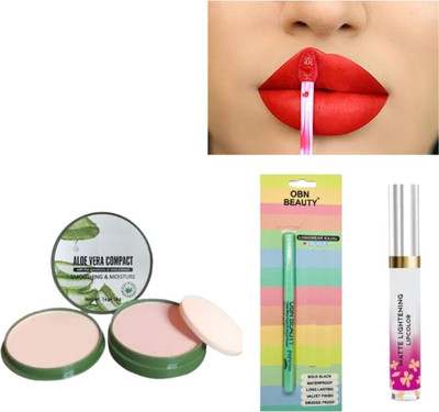 RED4 Aloevera compact 1+Matte lightening red lipstick 1 + obn kajal pack of 1 Compact(Black, 10 g)