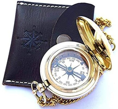 Ascent India Brass Shiny Push Button Compass Lid Chain With Leather Case Collectible Gift Compass(Gold)