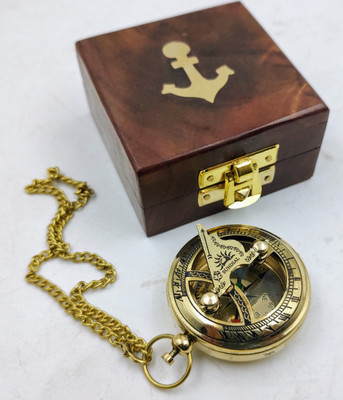 Ascent India Brass mini sundial compass chain wood box push button compass Compass(Gold)