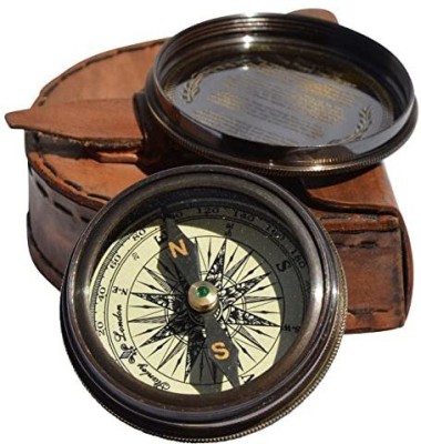 PMSSONS Nautical Brass Pocket Engraved Compass With Leather Case For Hiking Compass(Gold)