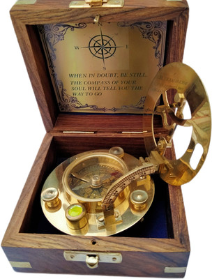 Ascent India Brass shiny round sundial compass with wood box collectible gift Compass(Gold, Brown)