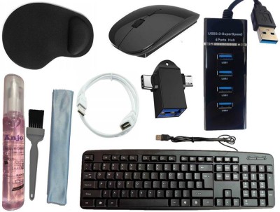 ANJO USB Keyboard-Wireless Mouse-Wrist Pad-3.0 Hub-3in1 Cleaner-OTG 2in1-Ext Cable Combo Set