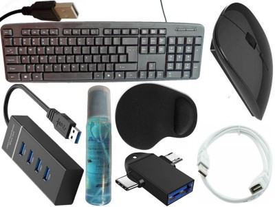 ANJO USB Keyboard-Wireless Mouse-Wrist Support Pad-3.0Hub-Cleaner-OTG 2in1-Ext Cable Combo Set