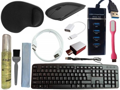 ANJO Keyboard-Wireless Mouse-Wrist Pad-3.0Hub-3in1 Cleaner-OTG C&Micro-Ext Cable-LED Combo Set