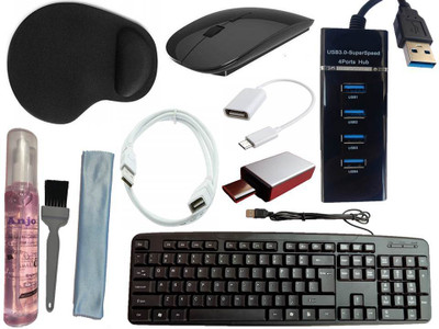 ANJO USB Keyboard-Wireless Mouse-Wrist Pad-3.0Hub-3in1 Cleaner-OTG C&Micro-Ext Cable Combo Set