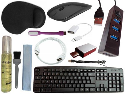 ANJO Keyboard-Wireless Mouse-Wrist Pad-2.0Hub-3in1 Cleaner-OTG C&Micro-Ext Cable-LED Combo Set