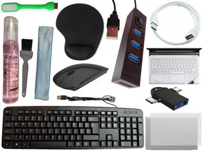 ANJO Keyboard-Wireless Mouse-Wrist Pad-2.0 Hub-3in1 Cleaner-OTG 2in1-Ext-LED-Skin Combo Set