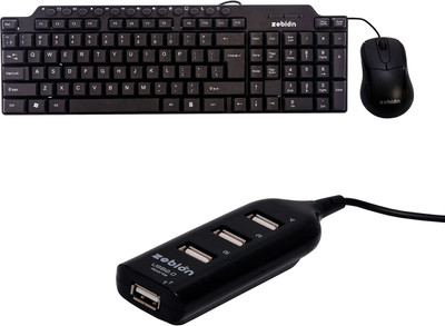zebion Viking Wired Keyboard & Mouse + Pronto 101 USB HUB Combo Set(Black)