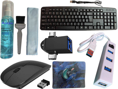ANJO USB Keyboard-Wireless Mouse-Pad-2.0 Hub-3 in 1 Cleaning Kit-OTG Micro & C 2 in 1 Combo Set Designed for Gaming(Black)