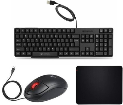 ZEBRONICS K20 Wired Keyboard, Rise Wired Optical Mouse and Mouse PAD Combo Set
