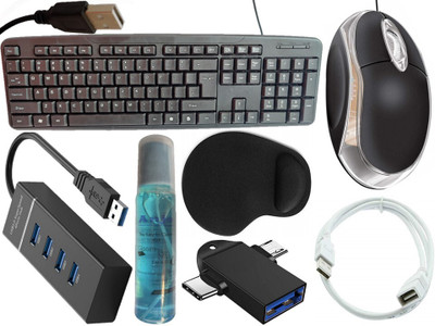 ANJO USB Keyboard-LED Mouse-Wrist Support Pad-3.0 Hub-Cleaner-OTG 2in1-Ext Cable 1.5m Combo Set